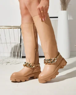 Outlet Damskie brązowe kozaki z łańcuszkiem Sudzi Kozaki Na Płaskim Obcasie|Kozaki Z Ociepleniem