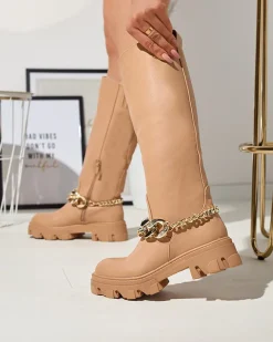 Outlet Damskie brązowe kozaki z łańcuszkiem Sudzi Kozaki Na Płaskim Obcasie|Kozaki Z Ociepleniem