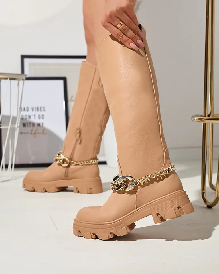 Outlet Damskie brązowe kozaki z łańcuszkiem Sudzi Kozaki Na Płaskim Obcasie|Kozaki Z Ociepleniem