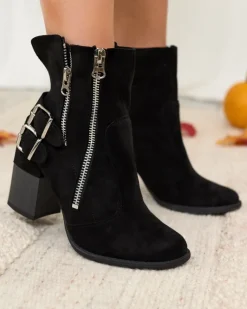 Hot Damskie czarne botki ze zdobieniem Feirrgo Botki Bez Ocieplenia|Botki Na Słupku