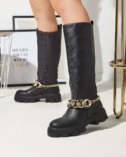 Best Damskie czarne kozaki z łańcuszkiem Sudzi Kozaki Na Płaskim Obcasie|Kozaki Z Ociepleniem