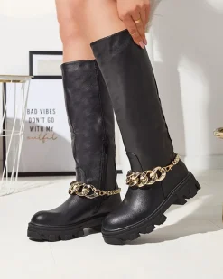 Best Damskie czarne kozaki z łańcuszkiem Sudzi Kozaki Na Płaskim Obcasie|Kozaki Z Ociepleniem