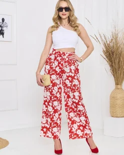 Best Damskie czerwone kwiatowe spodnie typu palazzo Spodnie Materiałowe