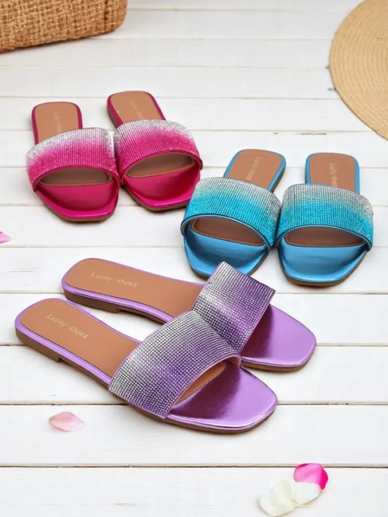 Damskie klapki z cyrkoniami ShinyGlow Klapki Płaskie