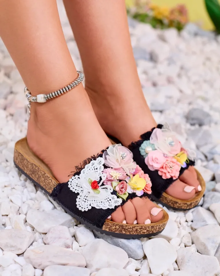 Best Damskie klapki z tkaninowymi kwiatami w kolorze m Ososi Klapki Płaskie