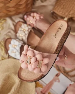 Outlet Damskie klapki ze złotymi misiami i kwiatkami Isaralle Klapki Płaskie