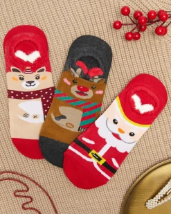 Outlet Damskie kolorowe stopki ze świątecznym nadrukiem 3/pak Skarpetki