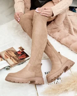 Clearance Damskie kozaki za kolano Ridesel Kozaki Na Płaskim Obcasie|Kozaki Z Ociepleniem