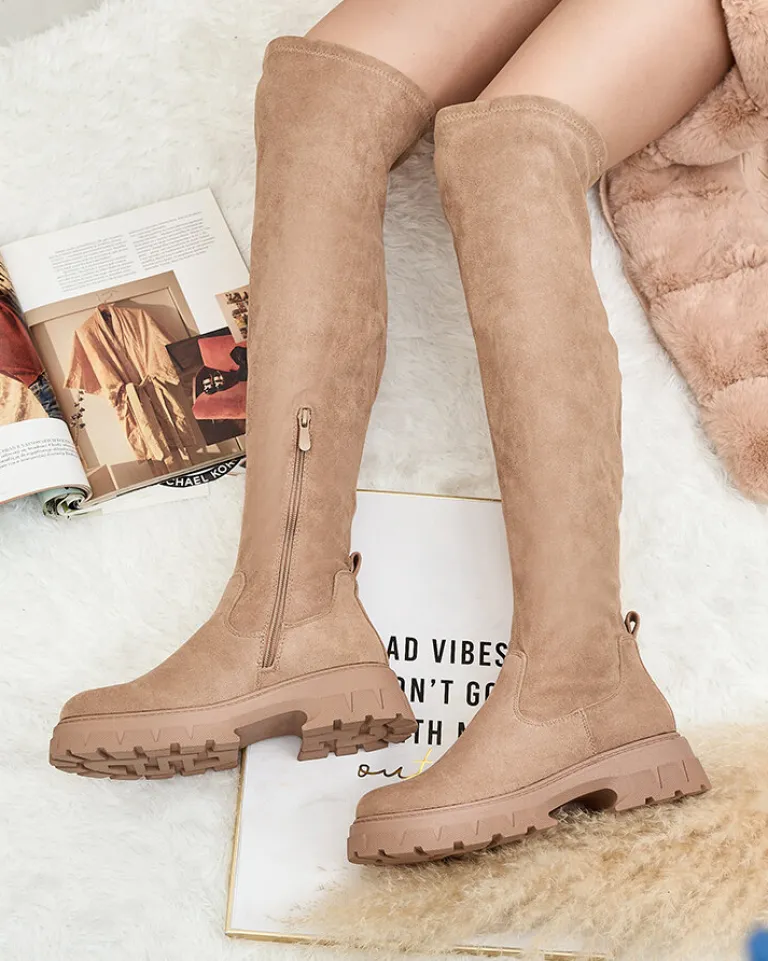 Clearance Damskie kozaki za kolano Ridesel Kozaki Na Płaskim Obcasie|Kozaki Z Ociepleniem