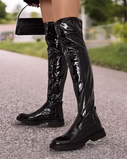 New Damskie lakierowane kozaki za kolano Lessdo Kozaki Na Płaskim Obcasie|Kozaki Bez Ocieplenia