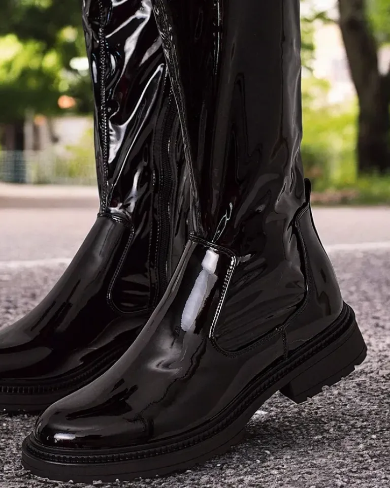 New Damskie lakierowane kozaki za kolano Lessdo Kozaki Na Płaskim Obcasie|Kozaki Bez Ocieplenia