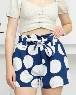Sale Damskie materiałowe granatowe krótkie spodenki w duże groszki Szorty|Krótkie Spodenki