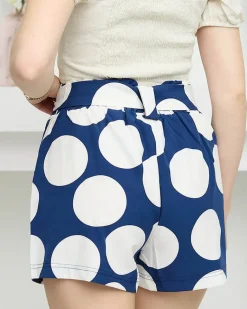 Sale Damskie materiałowe granatowe krótkie spodenki w duże groszki Szorty|Krótkie Spodenki
