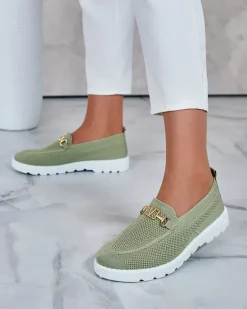 Discount Damskie materiałowe mokasyny ze złotą ozdobą Erticae Espadryle Płaskie|Mokasyny Na Płaskiej Podeszwie