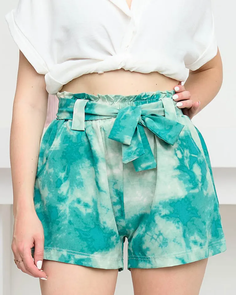 Best Damskie materiałowe krótkie spodenki zielone tie dye Szorty|Krótkie Spodenki