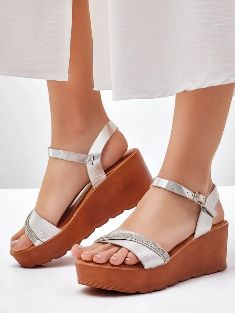 Best Damskie sandały na koturnie z cyrkoniami i brokatem Aurora Glow Sandały Na Koturnie