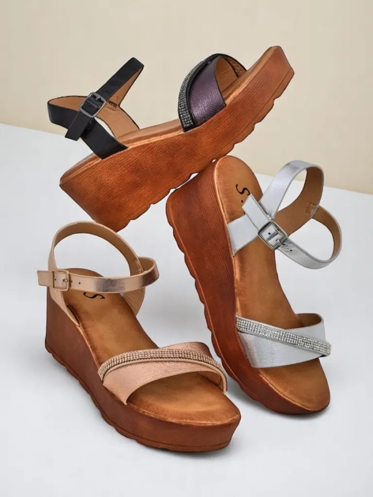 Best Damskie sandały na koturnie z cyrkoniami i brokatem Aurora Glow Sandały Na Koturnie