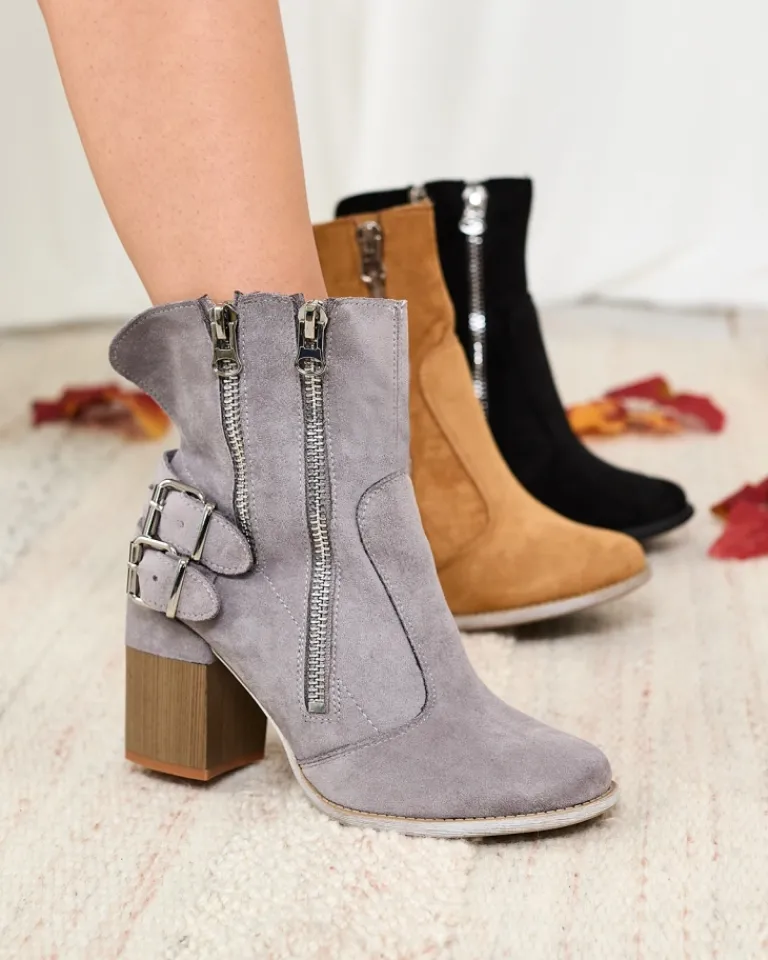 Damskie szare botki ze zdobieniem Feirrgo Botki Bez Ocieplenia|Botki Na Słupku