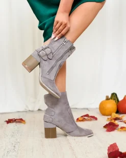 Damskie szare botki ze zdobieniem Feirrgo Botki Bez Ocieplenia|Botki Na Słupku