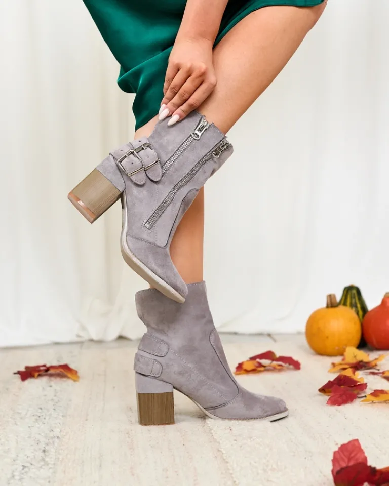 Damskie szare botki ze zdobieniem Feirrgo Botki Bez Ocieplenia|Botki Na Słupku