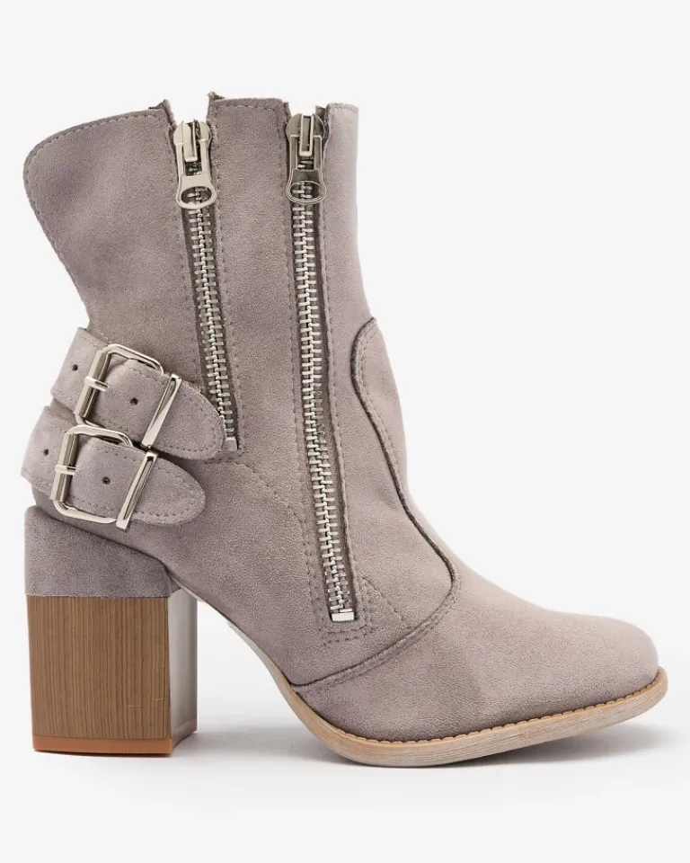 Damskie szare botki ze zdobieniem Feirrgo Botki Bez Ocieplenia|Botki Na Słupku