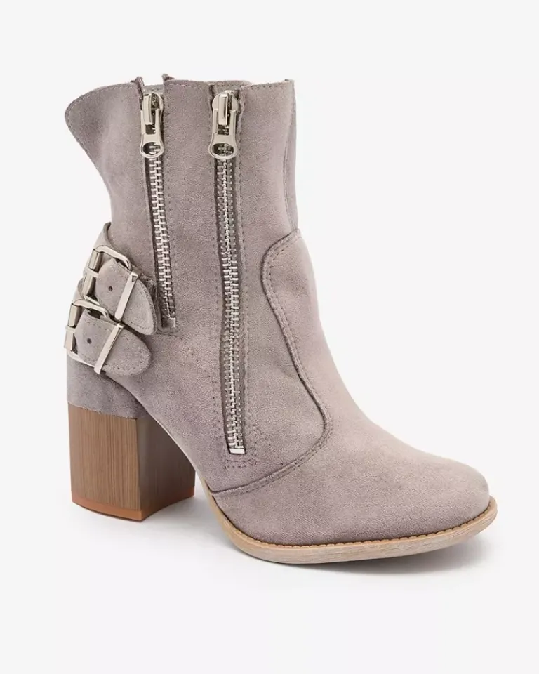 Damskie szare botki ze zdobieniem Feirrgo Botki Bez Ocieplenia|Botki Na Słupku