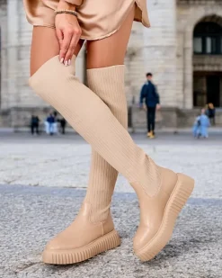 Best Damskie wsuwane kozaki za kolano Hesoppel Kozaki Na Płaskim Obcasie|Kozaki Z Ociepleniem