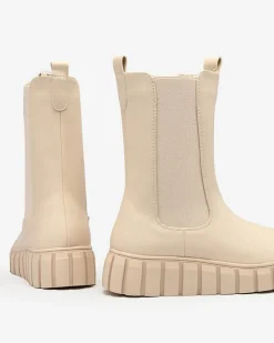 Sale Damskie wysokie botki na płaskim obcasie w kolorze ecru Elicane Botki Bez Ocieplenia|Botki Na Płaskim Obcasie
