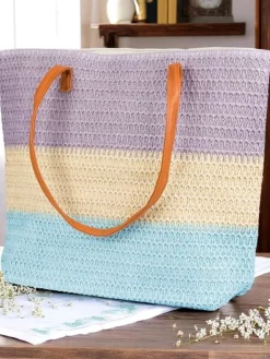 Clearance Duża słomiana torebka damska Bold Stripes Damskie Wiklinowe I Słomiane