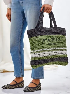 Sale Duża słomiana torebka damska Paris Stripe Damskie Wiklinowe I Słomiane