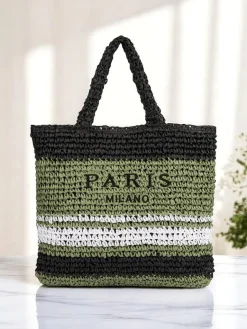 Sale Duża słomiana torebka damska Paris Stripe Damskie Wiklinowe I Słomiane
