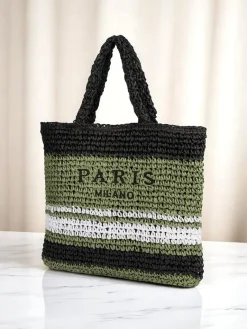 Sale Duża słomiana torebka damska Paris Stripe Damskie Wiklinowe I Słomiane