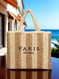 Hot Duża słomiana torebka damska Straw Stripe Damskie Wiklinowe I Słomiane