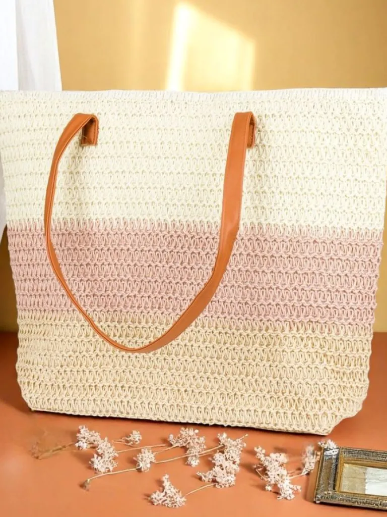 New Duża słomiana torebka damska Bold Stripes Damskie Wiklinowe I Słomiane