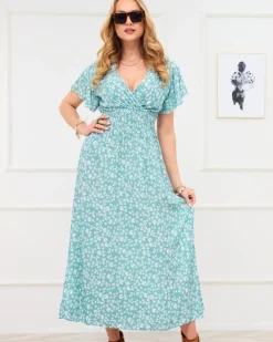 Discount Długa zielona damska sukienka z kwiecistym motywem Sukienki Letnie|Sukienki Długie