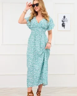 Discount Długa zielona damska sukienka z kwiecistym motywem Sukienki Letnie|Sukienki Długie