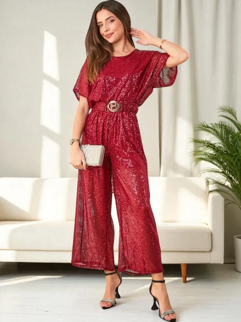 Outlet Długi kombinezon damski z cekinami Kombinezony