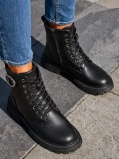 Sale Eko skórzane damskie botki Enoll Workery|Botki Sznurowane