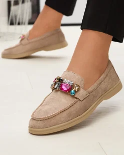 Discount Eko zamszowe jasnobrązowe mokasyny damskie z ozdobnymi kryształkami Nellens Półbuty|Mokasyny Na Płaskiej Podeszwie
