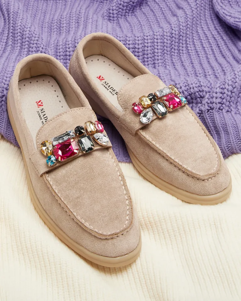 Discount Eko zamszowe jasnobrązowe mokasyny damskie z ozdobnymi kryształkami Nellens Półbuty|Mokasyny Na Płaskiej Podeszwie