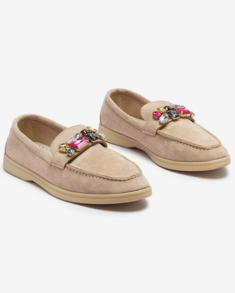 Discount Eko zamszowe jasnobrązowe mokasyny damskie z ozdobnymi kryształkami Nellens Półbuty|Mokasyny Na Płaskiej Podeszwie