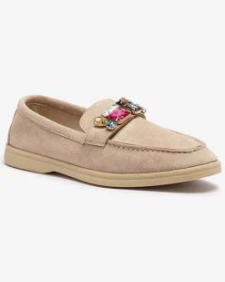Discount Eko zamszowe jasnobrązowe mokasyny damskie z ozdobnymi kryształkami Nellens Półbuty|Mokasyny Na Płaskiej Podeszwie