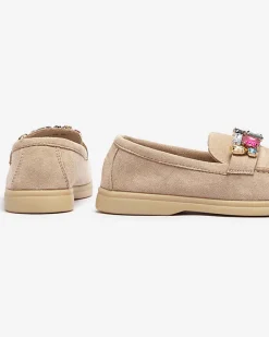 Discount Eko zamszowe jasnobrązowe mokasyny damskie z ozdobnymi kryształkami Nellens Półbuty|Mokasyny Na Płaskiej Podeszwie