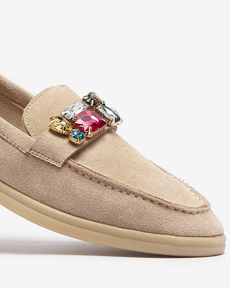 Discount Eko zamszowe jasnobrązowe mokasyny damskie z ozdobnymi kryształkami Nellens Półbuty|Mokasyny Na Płaskiej Podeszwie