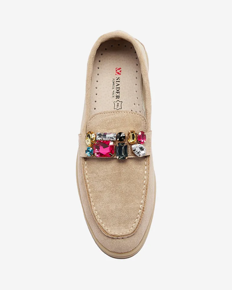 Discount Eko zamszowe jasnobrązowe mokasyny damskie z ozdobnymi kryształkami Nellens Półbuty|Mokasyny Na Płaskiej Podeszwie