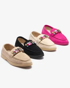 Discount Eko zamszowe jasnobrązowe mokasyny damskie z ozdobnymi kryształkami Nellens Półbuty|Mokasyny Na Płaskiej Podeszwie