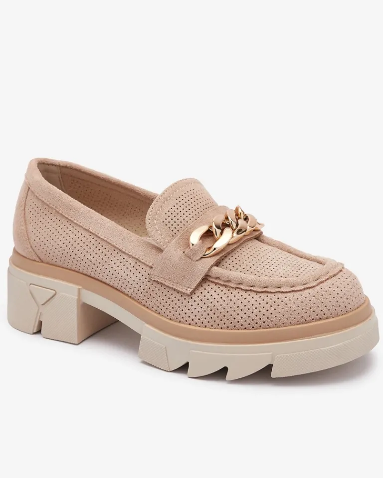 Outlet Eko- zamszowe mokasyny ze złotą ozdobą w kolorze jasnom Zaffix Półbuty|Mokasyny Na Płaskiej Podeszwie