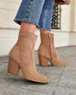 Eko-zamszowe damskie botki na słupku Gris Botki Bez Ocieplenia|Botki Na Słupku