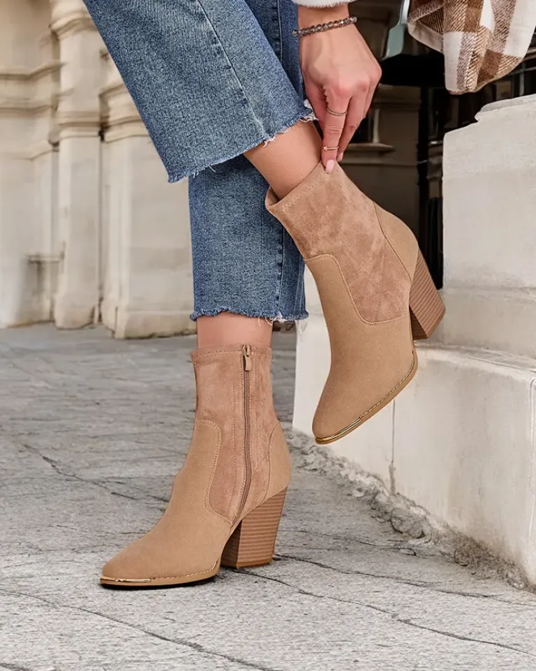 Eko-zamszowe damskie botki na słupku Gris Botki Bez Ocieplenia|Botki Na Słupku