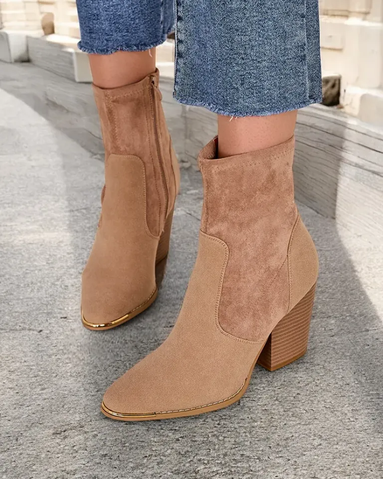 Eko-zamszowe damskie botki na słupku Gris Botki Bez Ocieplenia|Botki Na Słupku